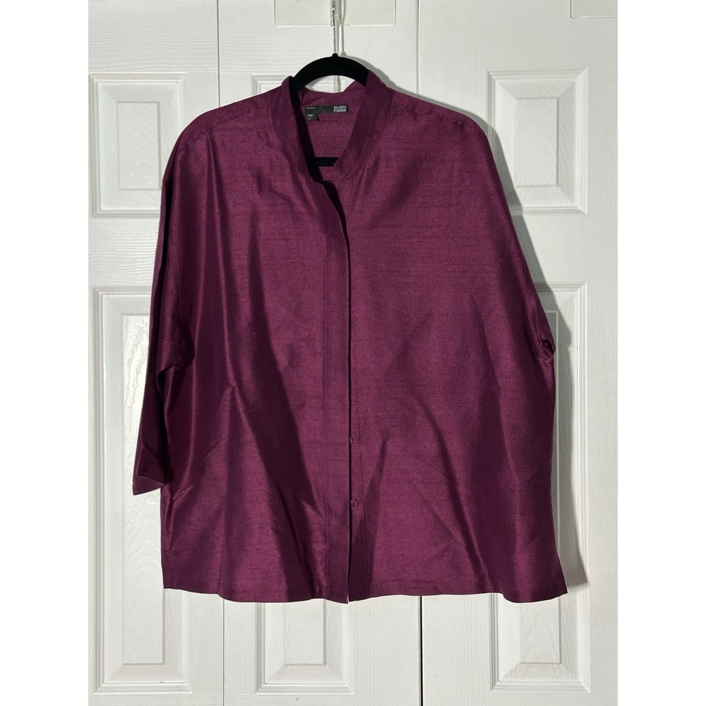 Eileen Fisher Deep Purple 3/4 Sleeve Mandarin Collar Blouse Top Size XL Silk